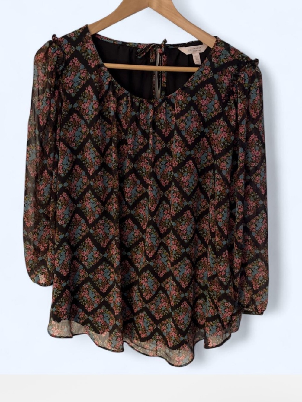 LC Lauren Conrad Black Floral Sheer Blouse with Multicolor Bouquet